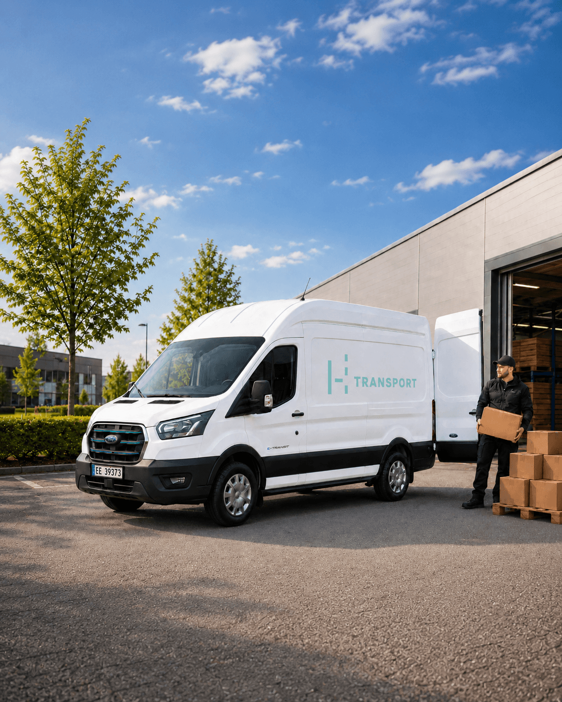 H Transport sjåfør med pakke foran en elektrisk varebil ved et varemottak